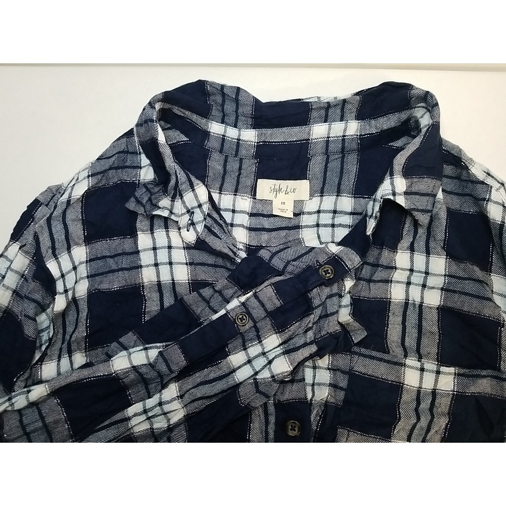 Style & Co Womens 2X Flannel Plaid Button Up Long Sleeve Shirt Blue White